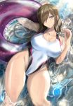  1girl artist_name bare_shoulders blue_eyes breasts brown_hair cleavage collarbone competition_swimsuit covered_navel fingernails gluteal_fold groin hair_over_one_eye highres innertube large_breasts long_hair looking_at_viewer lying mi_mi_ham on_back one-piece_swimsuit partially_submerged purple_innertube solo straight_hair swimsuit tales_of_(series) tales_of_the_abyss tear_grants thighs twitter_username very_long_hair water wet white_swimsuit 