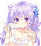  1girl animal_ears blue_bow bow breasts cleavage food frills hair_bow hair_ornament holding holding_food kinokomushi long_hair looking_at_viewer original popsicle purple_hair raised_eyebrows simple_background small_breasts solo twintails upper_body violet_eyes white_background white_bikini_top wrist_cuffs 