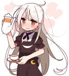  &gt;:o 1girl blush brown_eyes commentary_request crescent crescent_moon_pin cup ears_visible_through_hair eyebrows_visible_through_hair kantai_collection kikuzuki_(kantai_collection) long_hair looking_at_viewer open_mouth simple_background solo teacup teapot upper_body white_background white_hair yoru_nai 