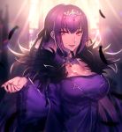  1girl bangs breasts cleavage commentary_request dress fate/grand_order fate_(series) feathers fur_trim hair_between_eyes hand_up jewelry large_breasts long_hair looking_at_viewer moe_(hamhamham) purple_dress purple_hair red_eyes scathach_(fate)_(all) scathach_skadi_(fate/grand_order) smile solo sunlight tiara wide_sleeves window 