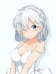  1girl absurdres alternate_costume bare_shoulders blush breasts cleavage closed_mouth collarbone dress eyebrows_visible_through_hair hair_ornament hair_over_one_eye hairclip hamakaze_(kantai_collection) harukawa_(hal501) highres kantai_collection large_breasts looking_at_viewer messy_hair off_shoulder short_hair silver_hair simple_background smile solo strap_slip upper_body white_background white_dress 