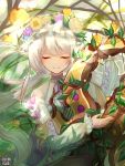  1girl apple closed_eyes copyright_name facing_viewer flower food fruit hair_flower hair_ornament holding holding_instrument instrument kerberos_blade long_hair long_sleeves official_art plant pointy_ears smile solo tengu_style twintails upper_body very_long_hair white_hair 
