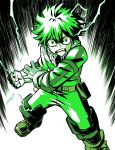  1boy boku_no_hero_academia clenched_hand freckles gloves green_eyes highres knee_pads looking_at_viewer looking_up male_focus midoriya_izuku open_mouth solo speed_lines standing tuskryo upper_teeth 