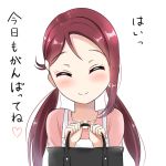  1girl ^_^ bag bangs blush closed_eyes closed_mouth collarbone commentary_request dress eyebrows_visible_through_hair facing_viewer hands_up head_tilt heart holding holding_bag long_hair love_live! love_live!_sunshine!! low_twintails pink_shirt redhead sakurauchi_riko shirt short_sleeves simple_background sin_(sin52y) sleeveless sleeveless_dress smile solo translated twintails white_background white_dress 