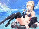  1girl absurdres artoria_pendragon_(all) artoria_pendragon_(swimsuit_rider_alter) bikini black_bikini black_bow black_footwear black_jacket black_legwear black_ribbon blonde_hair blue_sky bow bowtie breasts choker cleavage clothes_down clouds day eyes fate/grand_order fate_(series) food frilled_bikini frills full_body hair_between_eyes hair_ribbon highres holding holding_food ice_cream jacket maid_bikini maid_headdress mary_janes medium_breasts ocean open_clothes open_jacket open_mouth outdoors ribbon shoes short_hair sidelocks sitting sky slime_(user_jpds8754) solo sunlight swimsuit thigh-highs thigh_strap yellow 