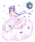  1girl :d absurdres alternate_costume arm_up armpits blue_eyes blue_flower bouquet braid breasts cleavage commentary_request dress elbow_gloves flower full_body gloves hair_between_eyes hair_flower hair_ornament hair_ribbon highres long_hair looking_at_viewer medium_breasts neps-l neptune_(series) open_mouth outstretched_arm petals power_symbol purple_hair purple_heart ribbon simple_background skirt_hold smile solo symbol-shaped_pupils throwing twin_braids twintails very_long_hair wedding_dress white_background yellow_flower 