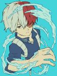  1boy bakugou_katsuki blue_background boku_no_hero_academia expressionless foreshortening grey_eyes highres ice looking_to_the_side male_focus multicolored_hair redhead silver_hair simple_background sleeves_rolled_up standing todoroki_shouto tuskryo 