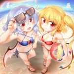  2girls :d ahoge arm_up bangs bare_arms bare_shoulders bat_wings beach bikini blonde_hair blue_bikini blue_hair blue_sky blush breasts cleavage closed_mouth clouds collarbone commentary_request criss-cross_halter crystal day eyebrows_visible_through_hair eyes_visible_through_hair eyewear_on_head fang fang_out flandre_scarlet flat_chest foreshortening from_above full_body hair_between_eyes halter_top halterneck hand_on_hip highres holding holding_beachball holding_eyewear horizon long_hair looking_at_viewer low_wings m9kndi medium_hair multiple_girls nail_polish navel ocean open_mouth outdoors pink_nails pink_wings red_bikini red_eyes remilia_scarlet sand sandals see-through shade shiny shiny_hair siblings side-tie_bikini side_ponytail sidelocks sisters sky slit_pupils small_breasts smile sparkle standing star stomach summer swimsuit touhou wings 
