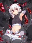  adyisu albino altair_floone armpits bare_shoulders belt blush breasts creature crystal elbow_gloves frown gloves looking_at_viewer medium_breasts navel original red_eyes restrained shirt short_hair sleeveless sleeveless_shirt tentacle twitter_username white_gloves white_hair 
