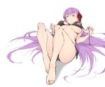  1girl ass bangs barefoot bb_(fate/extra_ccc) bikini black_bikini blush breasts breasts_apart fate/extra fate/extra_ccc fate_(series) feet hair_between_eyes hair_ribbon haoni hips knees_up large_breasts legs long_hair looking_at_viewer lying on_back parted_lips purple_hair red_ribbon ribbon simple_background smile solo swimsuit untied untied_bikini very_long_hair violet_eyes white_background 