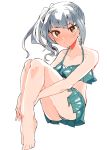  1girl barefoot bikini blush closed_mouth eyebrows_visible_through_hair green_bikini grey_hair itomugi-kun kantai_collection kasumi_(kantai_collection) looking_at_viewer side_ponytail sitting solo swimsuit tumblr_username yellow_eyes 