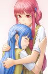  2girls :o bangs bare_arms blue_hair closed_eyes crying fingernails furrowed_eyebrows hug kotonoha_akane kotonoha_aoi kurione_(zassou) long_hair looking_at_another multiple_girls one_side_up open_mouth pink_hair red_eyes shirt short_sleeves siblings sidelocks sideways_mouth simple_background sisters straight_hair sweater_vest tears teeth voiceroid white_background white_shirt 