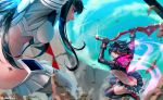  2girls black_hair blue_eyes blue_sky boots breasts debris eyebrows fighting fighting_stance gloves high_heels highlights holding holding_weapon kill_la_kill kiryuuin_satsuki long_hair looking_at_another matoi_ryuuko microskirt midriff multicolored_hair multiple_girls navel open_mouth outdoors pleated_skirt revealing_clothes rock scissor_blade short_hair sideboob skirt sky stomach streaked_hair suspenders sword thigh-highs thigh_boots thighs two-tone_hair weapon white_legwear whoareuu 