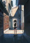  1girl air_conditioner alley blue_eyes city clenched_hand clouds corrugated_galvanised_iron_sheet dark dark_skin from_behind high_ponytail highres kagumanikusu long_hair looking_at_viewer looking_back original outdoors pleated_skirt scenery shade shoes skirt sky sneakers solo sunlight wind wind_lift 