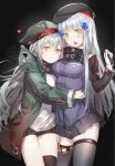  2girls :&lt; arm_around_waist bangs beret black_background black_hat black_legwear black_shorts black_skirt blue_jacket blunt_bangs blush breasts clothes_writing coat cowboy_shot eyebrows_visible_through_hair g11_(girls_frontline) girls_frontline gloves green_coat green_eyes green_hat grey_hair hair_between_eyes hair_ornament hairpin hat heart highres hk416_(girls_frontline) hug iron_cross jacket light_particles long_hair long_sleeves looking_at_another looking_at_viewer medium_breasts miniskirt multiple_girls myo_ne open_clothes open_coat open_mouth orange_eyes plaid plaid_skirt pleated_skirt pouch short_shorts shorts silver_hair simple_background single_thighhigh skirt standing thigh-highs thigh_gap thighs white_gloves yuri zettai_ryouiki 