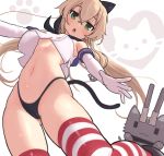  1girl animal_ears black_panties blonde_hair breasts cat_ears cat_tail chestnut_mouth crop_top elbow_gloves from_below gloves gluteal_fold green_eyes hair_between_eyes highleg highleg_panties highres kantai_collection long_hair looking_at_viewer navel no_pants open_mouth outstretched_arms panties rensouhou-kun rose_neru shimakaze_(kantai_collection) solo striped striped_legwear tail thigh-highs under_boob underwear white_gloves 