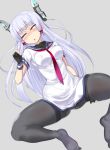  1girl black_legwear blush breasts curvy eyebrows_visible_through_hair grey_background headgear highres kantai_collection looking_at_viewer mamo_williams murakumo_(kantai_collection) necktie open_mouth pantyhose plump red_neckwear school_uniform silver_hair simple_background small_breasts solo yellow_eyes 