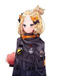 1girl abigail_williams_(fate/grand_order) bangs black_bow black_jacket blonde_hair blue_eyes blush bow closed_mouth eyebrows_visible_through_hair fate/grand_order fate_(series) fingernails haga hair_bow hair_bun highres jacket long_hair long_sleeves looking_at_viewer object_hug orange_bow parted_bangs polka_dot polka_dot_bow simple_background sleeves_past_fingers sleeves_past_wrists solo stuffed_animal stuffed_toy teddy_bear upper_body white_background 