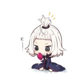  1girl :t @_@ beni_shake black_dress blue_jacket chibi closed_mouth commentary_request dress fate/grand_order fate_(series) fur-trimmed_jacket fur-trimmed_sleeves fur_trim hand_mirror holding_mirror jacket jeanne_d&#039;arc_(alter)_(fate) jeanne_d&#039;arc_(fate)_(all) long_sleeves mirror notice_lines open_clothes open_jacket short_hair silver_hair solo topknot translated wavy_mouth white_background wicked_dragon_witch_ver._shinjuku_1999 