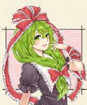  1girl bangs blush bow commentary_request front_ponytail green_eyes green_hair hair_between_eyes hair_bow hand_up highres kagiyama_hina looking_at_viewer natsushiro open_mouth puffy_short_sleeves puffy_sleeves red_bow short_sleeves smile solo touhou upper_body 