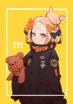  1girl :o abigail_williams_(fate/grand_order) bangs black_bow black_dress blonde_hair blue_eyes bow commentary_request dress fate/grand_order fate_(series) hair_bow hair_bun keyhole long_hair long_sleeves looking_at_viewer object_hug orange_bow parted_bangs parted_lips polka_dot polka_dot_bow sleeves_past_fingers sleeves_past_wrists solo stuffed_animal stuffed_toy teddy_bear vienri yellow_background 