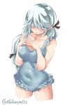  1girl aqua_hair blush breasts brown_eyes closed_mouth ebifurya hamanami_(kantai_collection) highres kantai_collection long_hair looking_at_viewer medium_breasts simple_background solo swimsuit twitter_username white_background 