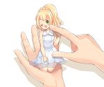  1girl blonde_hair blush dress green_eyes highres kazuru_wa lillie_(pokemon) long_hair minigirl one_eye_closed open_mouth pokemon pokemon_(anime) pokemon_sm_(anime) poking ponytail see-through simple_background sleeveless sleeveless_dress solo white_background white_dress 