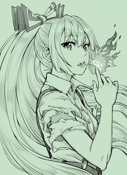  1girl absurdres bangs bow buttons cigarette collared_shirt commentary_request eyebrows_visible_through_hair fire from_side fujiwara_no_mokou green green_background hair_bow highres long_hair looking_at_viewer monochrome natsushiro ponytail shirt simple_background smoking solo suspenders torn_clothes torn_sleeves touhou upper_body 