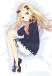  1girl :&lt; abigail_williams_(fate/grand_order) absurdres bangs bed_sheet black_bow black_dress black_footwear blonde_hair bloomers blue_eyes blush bow bug butterfly closed_mouth commentary_request dress eyebrows_visible_through_hair fate/grand_order fate_(series) forehead full_body gyouza_aniki hair_bow head_tilt highres insect long_hair long_sleeves looking_at_viewer looking_to_the_side lying mary_janes no_hat no_headwear object_hug on_side orange_bow parted_bangs polka_dot polka_dot_bow shoes sleeves_past_fingers sleeves_past_wrists solo stuffed_animal stuffed_toy teddy_bear underwear very_long_hair white_bloomers 