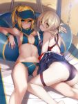  2girls ahoge all_fours artoria_pendragon_(all) ass bare_legs barefoot bikini black_swimsuit blonde_hair blue_bikini blue_eyes breasts competition_swimsuit fate/grand_order fate_(series) food from_behind hair_between_eyes hair_ribbon innertube kodama_yuu looking_at_viewer looking_back lying multiple_girls mysterious_heroine_x mysterious_heroine_x_(alter) navel off_shoulder one-piece_swimsuit outdoors parted_lips ponytail popsicle ribbon shade sidelocks small_breasts swimsuit thigh_strap visor_cap wristband yellow_eyes 