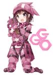  1girl absurdres animal_hat bandanna belt brown_hair bullpup bunny_hat camouflage commentary cross-laced_footwear elbow_pads eyebrows_visible_through_hair frown full_body fuyuki030 gloves gun hat highres holding holding_gun holding_weapon jacket knee_pads kneeling llenn_(sao) logo long_sleeves looking_at_viewer open_mouth p-chan_(p-90) p90 pants pink_eyes pink_gloves pink_hat pink_jacket pink_pants purple_footwear short_hair simple_background submachine_gun sword_art_online sword_art_online_alternative:_gun_gale_online tactical_clothes tearing_up uniform utility_belt weapon white_background 