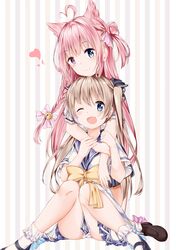  2girls :3 ;d absurdres ahoge animal_ears bangs bell black_footwear blue_eyes bobby_socks bow bowtie braid cat_ears closed_mouth eyebrows_visible_through_hair frilled_skirt frills fuyuki030 hair_bell hair_bun hair_ornament hair_ribbon head_tilt heart heart_ahoge heterochromia highres hug hug_from_behind kneeling light_brown_hair loafers long_hair looking_at_viewer mary_janes miniskirt multiple_girls one_eye_closed open_mouth original panties pantyshot pink_eyes pink_hair pink_ribbon pleated_skirt ribbon school_uniform serafuku shoes short_sleeves sitting skirt smile socks striped striped_background twintails underwear vertical-striped_background vertical_stripes white_legwear white_panties white_skirt yellow_neckwear 