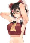  &gt;:( 1girl anger_vein armpits arms_behind_head arms_up ascot asuzemu bare_arms bare_shoulders black_hair blush bow breasts breath collarbone commentary_request crop_top eyebrows_visible_through_hair frilled_bow frills hair_between_eyes hair_bow hair_tubes hakurei_reimu large_breasts looking_at_viewer midriff navel red_bow sidelocks simple_background sleeveless solo stomach sweat touhou upper_body v-shaped_eyebrows white_background yellow_eyes yellow_neckwear 
