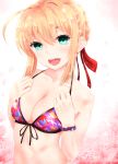  1girl :d ahoge bikini_top bilibala blonde_hair breasts cleavage collarbone eyebrows_visible_through_hair fate/extra fate/grand_order fate_(series) front-tie_bikini front-tie_top green_eyes hair_between_eyes hair_ribbon highres looking_at_viewer medium_breasts nero_claudius_(fate) nero_claudius_(fate)_(all) open_mouth patreon_logo red_ribbon ribbon saber_extra shiny shiny_hair short_hair_with_long_locks sidelocks smile solo upper_body 