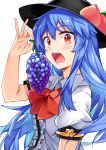  1girl black_hat blouse blue_hair blush bow bowtie center_frills commentary_request e.o. eyebrows_visible_through_hair food fruit grapes hair_between_eyes hand_up hat highres hinanawi_tenshi holding holding_fruit leaf long_hair looking_at_viewer nail_polish open_mouth peach pink_lips puffy_short_sleeves puffy_sleeves red_bow red_eyes red_neckwear short_sleeves simple_background single_sidelock solo touhou upper_body white_background white_blouse white_nails wing_collar 