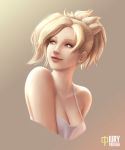  1girl bare_shoulders blonde_hair blue_eyes breasts brown_background casual cleavage collarbone earrings eyelashes gradient gradient_background high_ponytail iury_padilha jewelry lavender_shirt lips looking_to_the_side medium_breasts mercy_(overwatch) mole no_wings nose overwatch portrait red_lips shirt short_hair sleeveless sleeveless_shirt smile solo spaghetti_strap stud_earrings tan_background 