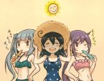  3girls ahoge akebono_(kantai_collection) bikini black_hair blush breasts brown_eyes closed_eyes comic commentary_request eating food freezie frilled_bikini frills grey_hair hair_between_eyes hair_tie hand_on_hip hat kantai_collection kasumi_(kantai_collection) looking_at_viewer medium_breasts multiple_girls navel one-piece_swimsuit one_eye_closed open_mouth otoufu polka_dot purple_hair side_ponytail small_breasts smile sun sun_hat swimsuit translation_request ushio_(kantai_collection) violet_eyes yellow_background 
