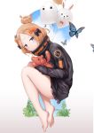  1girl abigail_williams_(fate/grand_order) animal balloon bangs bare_legs barefoot black_bow black_jacket blonde_hair blue_eyes blue_sky blush bow bug butterfly clouds cloudy_sky commentary_request day eyebrows_visible_through_hair fate/grand_order fate_(series) fou_(fate/grand_order) hair_bow hair_bun head_tilt highres insect jacket k_jie keyhole long_hair long_sleeves looking_at_viewer medjed object_hug orange_bow parted_bangs parted_lips polka_dot polka_dot_bow sky sleeves_past_fingers sleeves_past_wrists soles solo stuffed_animal stuffed_toy teddy_bear white_background 