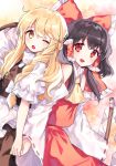  2girls :d ;o ahoge ascot back-to-back black_hair blonde_hair blouse blush bow braid cheunes detached_sleeves frilled_sleeves frills gohei hair_bow hair_ribbon hair_tubes hakurei_reimu hand_holding hat hat_removed headwear_removed highres kirisame_marisa large_bow long_hair multiple_girls one_eye_closed open_mouth puffy_short_sleeves puffy_sleeves red_eyes ribbon ribbon-trimmed_sleeves ribbon_trim short_sleeves side-by-side side_braid single_braid skirt skirt_set smile touhou vest wide_sleeves witch_hat yellow_eyes yuri 