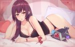  1girl bangs bare_shoulders black_camisole black_panties blush breasts cleavage collarbone curtains girls_frontline head_rest highres hips kuavera large_breasts long_hair looking_at_viewer on_bed open_mouth panties pillow purple_hair recording red_eyes solo thighs underwear viewfinder wa2000_(girls_frontline) waist 