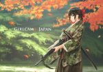 1girl adapted_uniform assault_rifle black_eyes black_hair bow camouflage copyright_name cover cover_page doujin_cover frown gun hair_bow hakama highres howa_type_89 japan_ground_self-defense_force japan_self-defense_force japanese_clothes katana leaf long_hair maple_leaf military nature obi original outdoors ponytail rifle sash serious sidelocks sling soldier solo sword tantu_(tc1995) weapon wind 