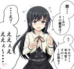  1girl asashio_(kantai_collection) black_hair blue_eyes blush breasts dress highres kantai_collection long_hair long_sleeves looking_at_viewer open_mouth school_uniform simple_background small_breasts solo tk8d32 translation_request white_background 