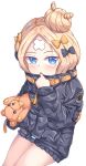  1girl :o abigail_williams_(fate/grand_order) absurdres bangs black_bow black_jacket blonde_hair blue_eyes blush bow commentary_request eyebrows_visible_through_hair fate/grand_order fate_(series) hair_bow hair_bun highres jacket long_hair long_sleeves looking_at_viewer object_hug orange_bow parted_bangs parted_lips polka_dot polka_dot_bow simple_background sitting sleeves_past_fingers sleeves_past_wrists solo stuffed_animal stuffed_toy teddy_bear white_background zongren 