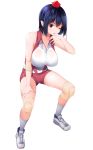  1girl alternate_costume black_hair breasts commentary_request contemporary elbow_pads full_body gym_shirt gym_shorts gym_uniform hat highres impossible_clothes knee_pads large_breasts leaning_forward looking_at_viewer one_eye_closed pointy_ears pom_pom_(clothes) red_eyes red_shorts shachi_kamaboko shameimaru_aya shirt shoes short_hair short_shorts shorts simple_background sleeveless sleeveless_shirt sneakers sportswear sweat thighs tokin_hat touhou volleyball volleyball_uniform 