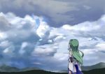  1girl bare_shoulders blue_skirt blue_sky clouds cloudy_sky day detached_sleeves frog_hair_ornament from_behind green_hair hair_ornament highres kochiya_sanae long_sleeves mountain ribbon-trimmed_sleeves ribbon_trim skirt sky snake_hair_ornament solo straight_hair touhou wide_sleeves yuuichi_(reductionblack) 
