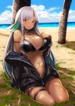  1girl arm_support azur_lane baggy_clothes bare_shoulders beach bikini_top black_jacket blue_sky blush breasts brown_eyes choker cleavage clouds dark_skin day eyebrows_visible_through_hair highres jacket large_breasts long_hair long_sleeves looking_at_viewer massachusetts_(azur_lane) multicolored_hair native_american navel ocean off_shoulder open_clothes outdoors palm_tree partially_unzipped sand shade silver_hair sitting skindentation sky solo stomach sweat swimsuit swimsuit_under_clothes tan thigh_strap thighs tobimura tree unzipped yokozuwari zipper 