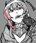  absurdres character_name fangs finger_in_mouth fingerless_gloves girls_frontline gloves graphite_(medium) greyscale highres long_hair looking_at_viewer m4_sopmod_ii_(girls_frontline) monochrome multicolored_hair personification red_eyes sanho_(bin0910) teeth traditional_media two-tone_hair 