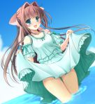  1girl :d asakura_otome blue_eyes bow brown_hair camisole clouds cowboy_shot da_capo da_capo_ii green_skirt hair_bow hair_intakes kayura_yuka long_hair open_mouth pink_bow skirt skirt_hold sky smile solo water 