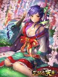  1girl blue_hair breasts bridge brown_eyes cleavage copyright_name dutch_angle flower grass hair_flower hair_ornament jewelry long_hair looking_at_viewer miyano_akihiro necklace official_art outdoors pointing pointing_up sangokushi_tenka sitting solo watermark 