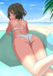  1girl absurdres ass back ball beach beachball bikini blue_sky brown_hair chin_rest closed_mouth clouds cloudy_sky commentary day eyebrows_visible_through_hair from_behind green_eyes highres idolmaster idolmaster_cinderella_girls idolmaster_cinderella_girls_starlight_stage k-ya. looking_at_viewer lying mole mole_under_eye ocean on_stomach outdoors short_hair shoulder_blades sky smile solo swimsuit takagaki_kaede thighs white_bikini 